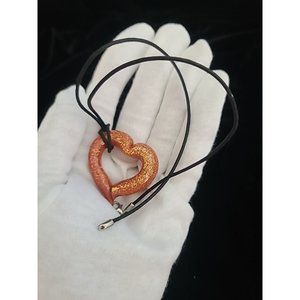 Peach Gold Foil Open Heart Murano Glass Pendant with Black Leather Cord